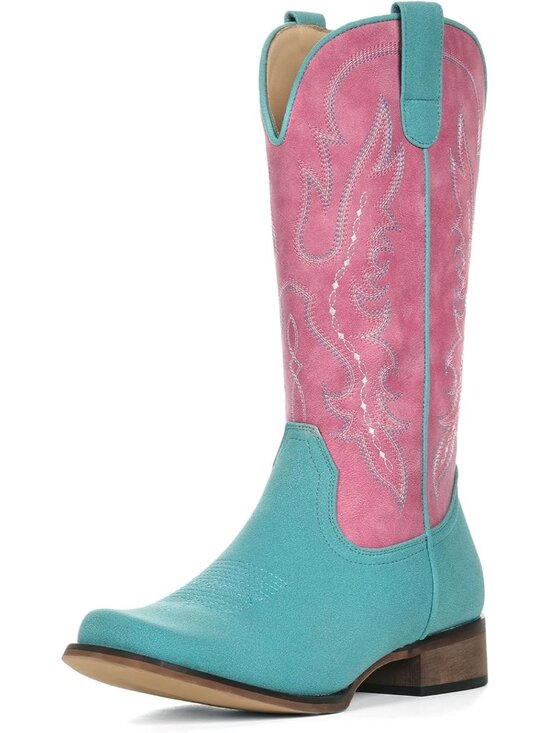 Shoes - Women's Watermelon Western Square Toe Mid Calf Embroidered Chunky Heel Boots